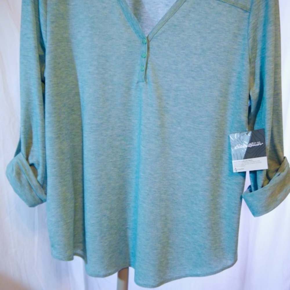 NEW Eddie Bauer Henley Mercer Knit Top Long Sleeves Roll Tab Size XL Spearmint - Picture 4 of 6